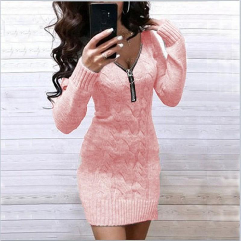 Womens Oversized V-Neck Knit Sweater Dress Long Sleeve Mid-Length Zipper Front Casual Workwear