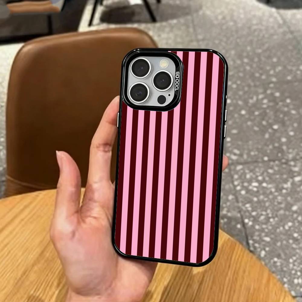 B-Burgundy White Stripe    Phone Case For iPhone17,16,15,14,13,12,11 Plus,Pro Max Colored Silver Plated Inside Cover