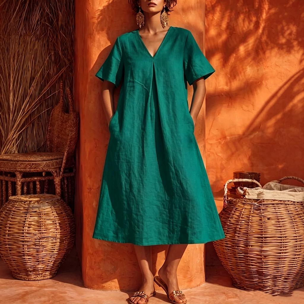 Women's Casual V Neck Midi Dress Short Sleeve Loose Fit Minimalist Mid Length Dress with Pockets Lightweight Comfortable Fabric