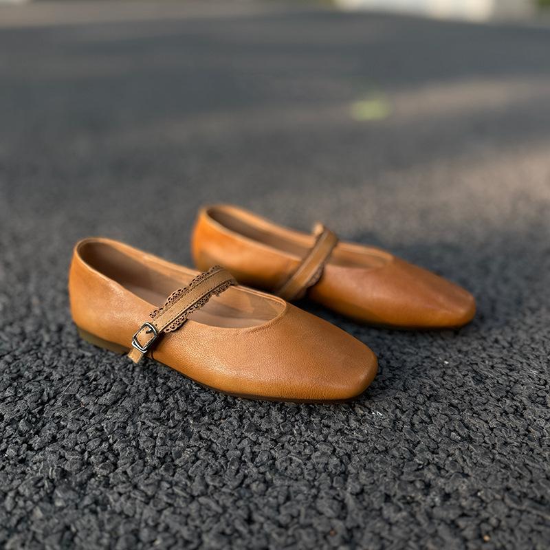 Johnature Genuine Leather Buckle Strap Women's Flats Shoes Retro Square Toe Soft Soles Solid Color Shoes
