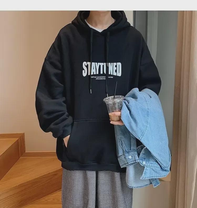 Men's Trendy American Letter Print Hoodies - Autumn/Winter Hong Kong Style, Large Size Youth Pullover Jacket