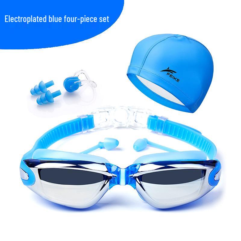 Fike High-Definition Waterproof Anti-Fog Swimming Goggles Set with Swim Cap, Large Plated Frame, Unisex