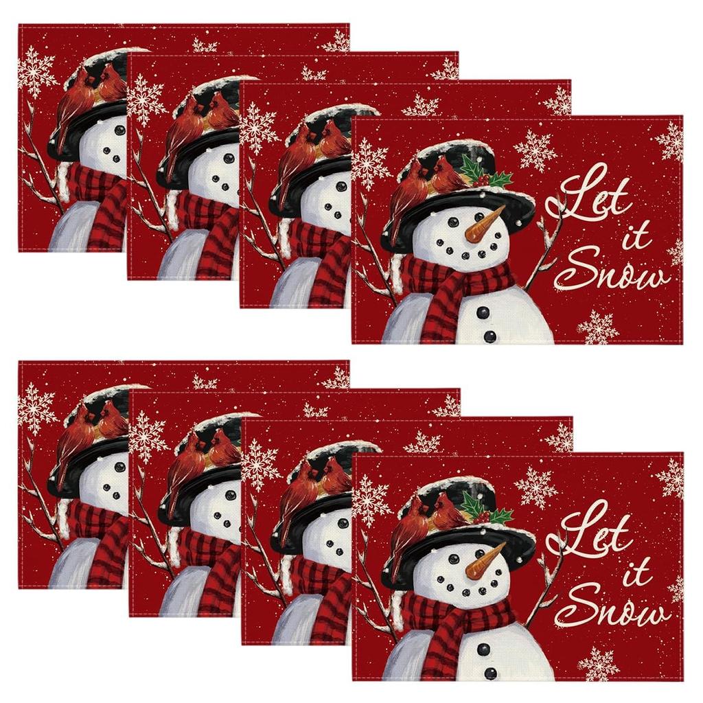 Red Snowman Let It Snow Winter Placemats Set of 4, 12x18 Inch Seasonal Christmas Holiday Table Mats for Party Kitchen Dining Decoration
