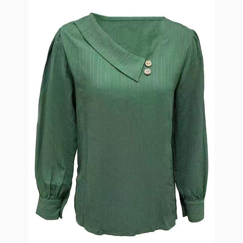 Autumn Simple V-neck T-shirt Womens Solid Color Long Sleeve Woman Shirt Oblique Neck Button Office Lady Pullover Tops 30421