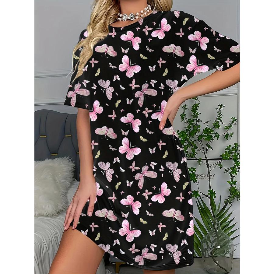 Women'S Butterfly Print Nightdress Dress Black Pink Floral-like Pattern Women'S Short-Sleeved Dresses Casual Party Wear Y2K