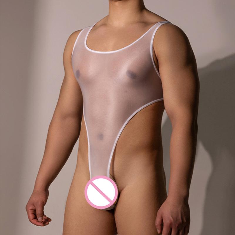 Erotic Men Bodysuit Elastic Oil Shiny Glossy Backless Leotard Sissy Sexy Jumpsuit With Straps Gay Man Transparent Rompers Bdsm