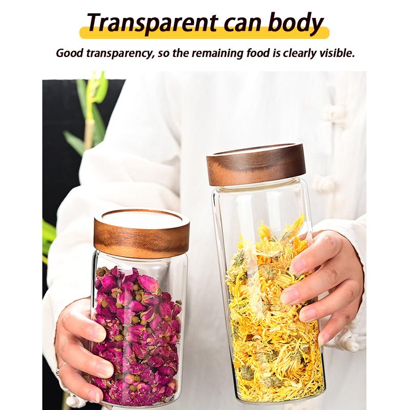 Coffee Bean Glass Sealed Jar Tea Coffee Powder Spice Sealed Storage Jar Acacia Wood Lid Glass Jar