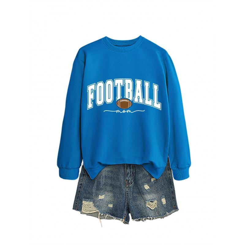 Womens Casual Round Neck Long Sleeve Cotton Sweatshirt With Football Mom Print - Loose Fit Plus Size S-XXL