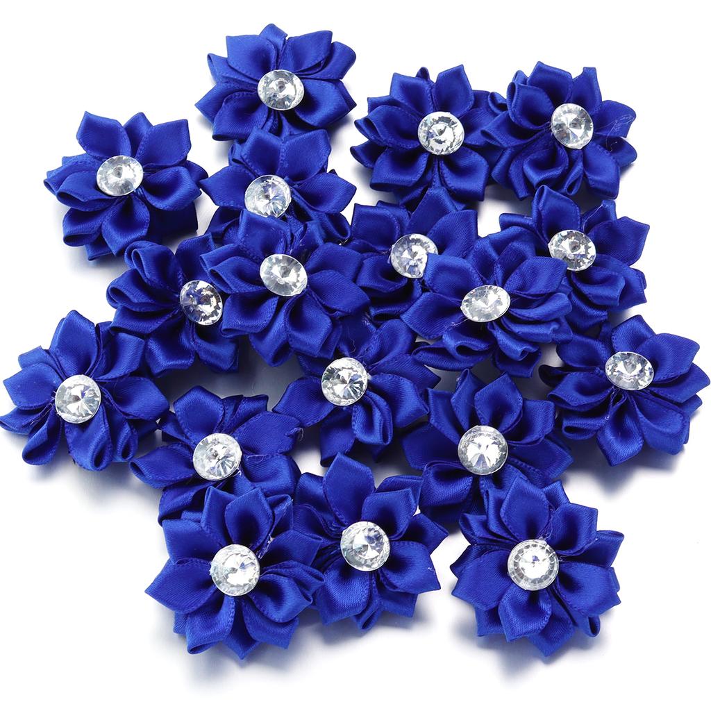 20pcs 4cm Mini Satin Ribbon Flowers Colorful Rhinestone Handmade Flowers For DIY Clothing Sewing Headwear Decoration Accessories