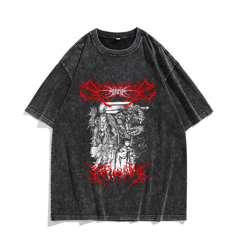 Retro Vyprané Pánské Tričko s Krátkým Rukávem Berserk Anime Bojovník
