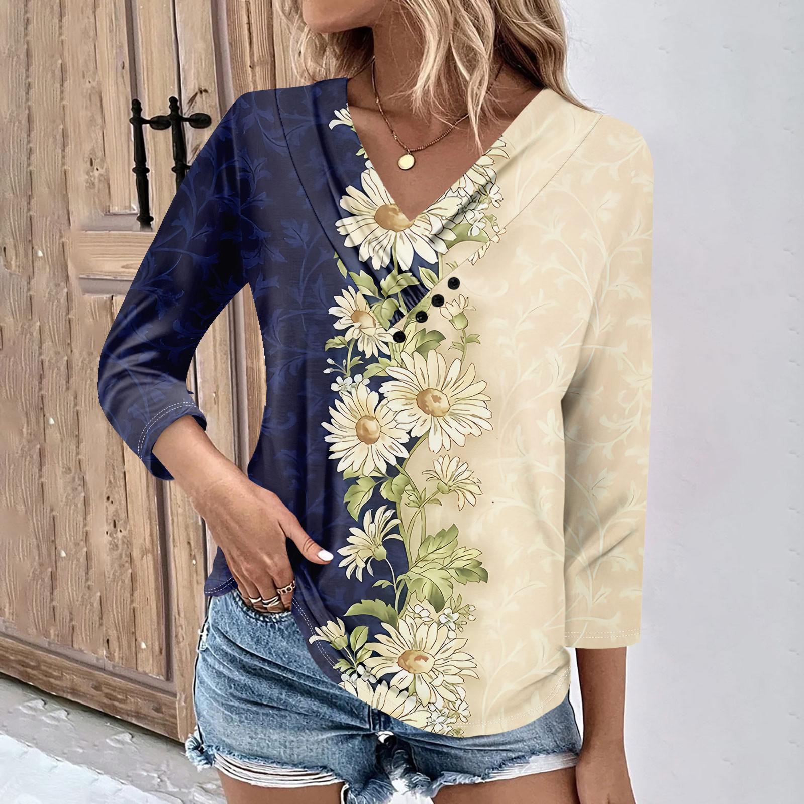 

Женские повседневные футболки с рукавом 3/4 для выходных с V-образным вырезом и принтом, свободные плиссированные футболки, женская блузка L бежевый