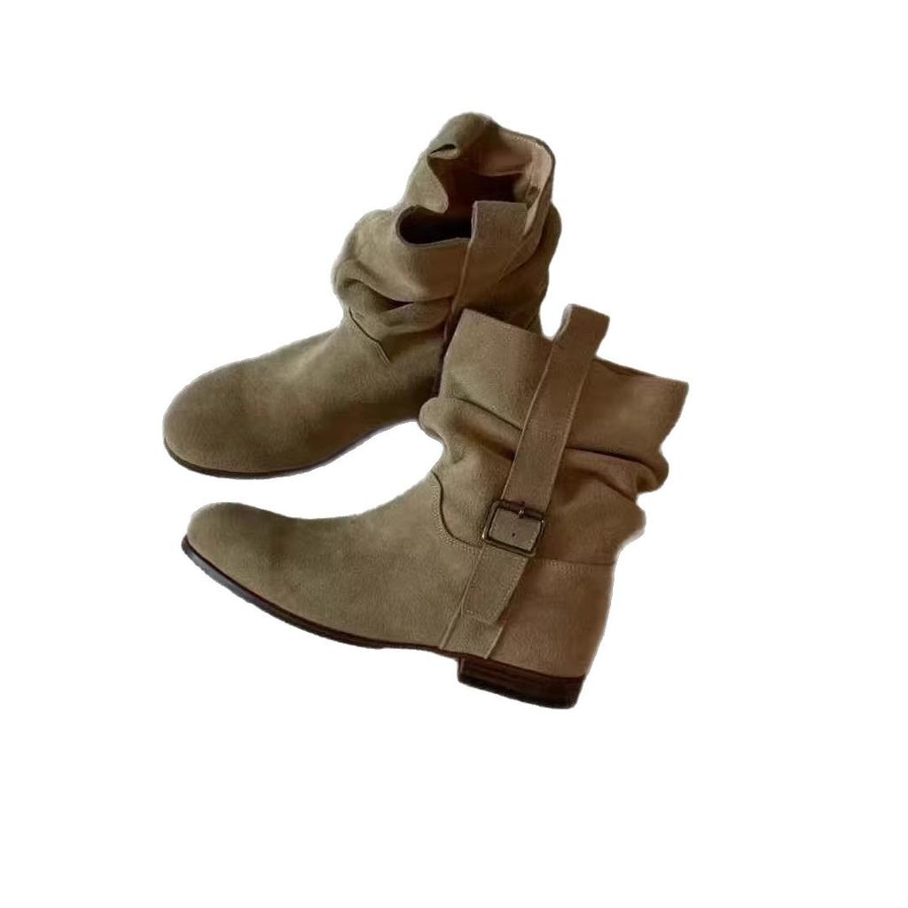 Korean Version of the New Versatile Round Head Handmade Pleated Stacking Boots Sleeve Slim Western Cowboy Boots Thick Heel Medium Boots Women