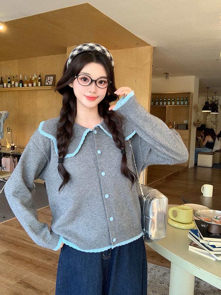 2026 Autumn Women's Plus Size Sweet Color Block Knit Top with Doll Collar and Long Sleeves