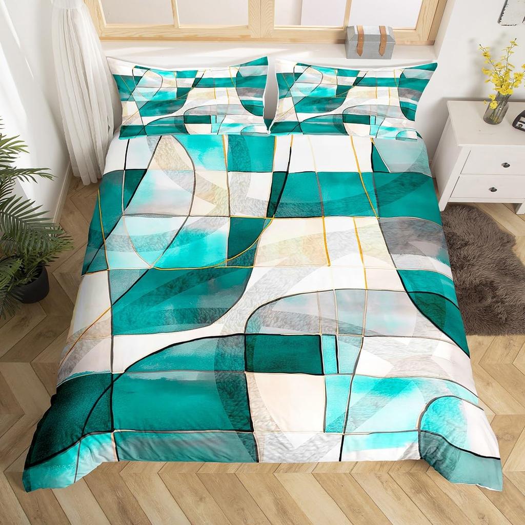 Feelyou Geometrisches Bettwäsche-Set Queen-Size Grün Schwarz Grau Bettbezug-Set für Jungen Mädchen Teenager Rechteck Quadrat Bettbezug Modern Abstrakt