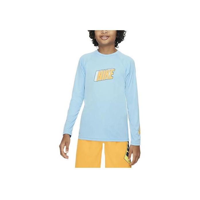 Nike T-Shirt Swim Letter Round Neck Casual Pullover Sun Protection Quick Dry Cool Long Sleeve Kids Tops Water-Blue FZ6551-407