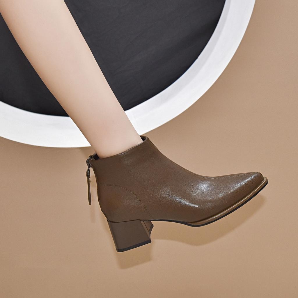 Pointed short boots women's first layer sheepskin rear zipper thick heel ankle boots temperament fashion boots