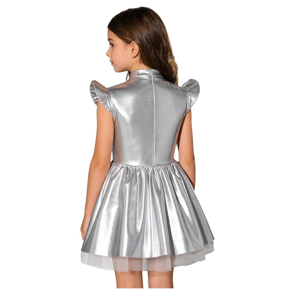 Girls Iridescent Alien Dress Up Costume Mock Neck Flying Sleeves Tutu Dress Theme Party Stage Performance