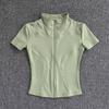 Camisetas de entrenamiento adelgazantes de cintura de verano de alta calidad para mujer, de secado rápido, con cuello alto ajustado y cremallera completa, camisetas de yoga de manga corta.