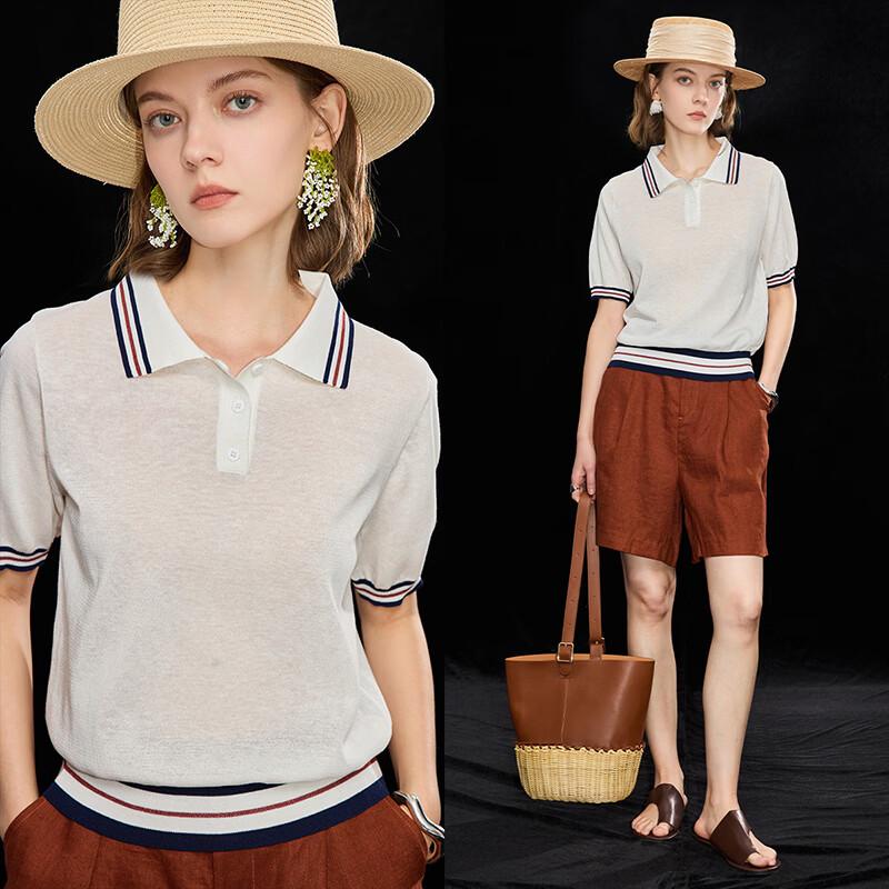 Wudao Women s Tencel-Linen Blend Striped Polo Knit Short Sleeve Top L