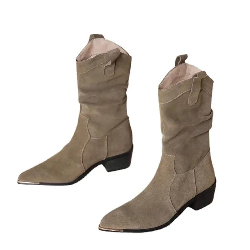 Dames Plissé Hoge Hakken Laarzen Puntige Neus Denim Enkellaarsjes voor Dames Herfst Winter Mode Retro Westerse Cowgirl Botas