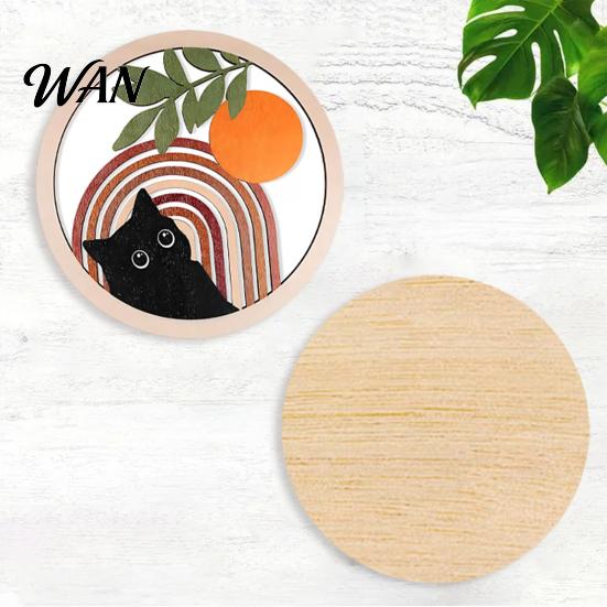 Thermal Insulation Coaster 4Pcs Healing Black Cat Wooden Coaster, Creative Heat Mat, Anti Slip Thickened Desk Protector for Coffee Cup Resistant