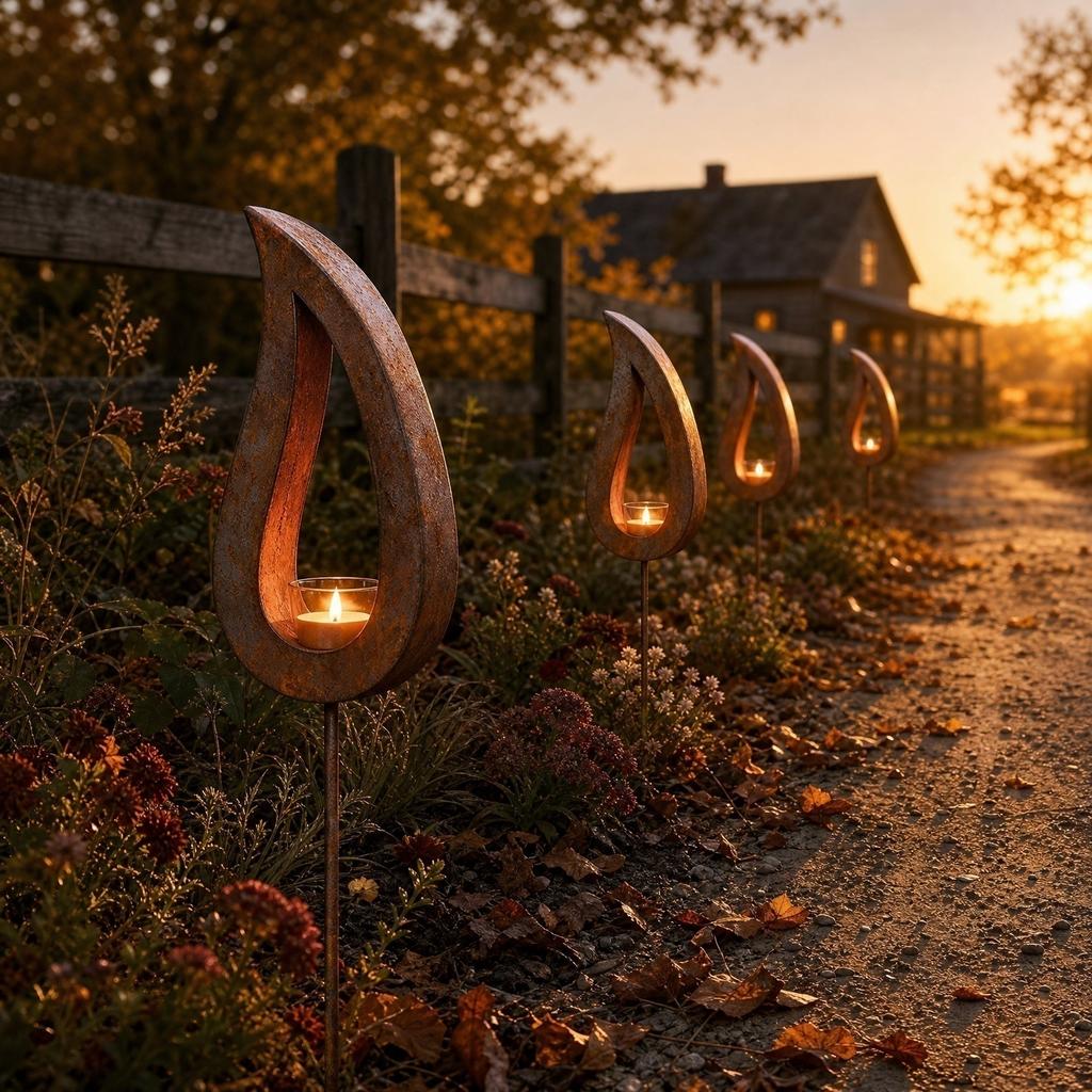 Rostige Flamme Gartenstecker Metall Silhouette Hofdekoration Außen Rasenkunst Skulptur mit Kerzenhalter für Bauernhoflandschaft