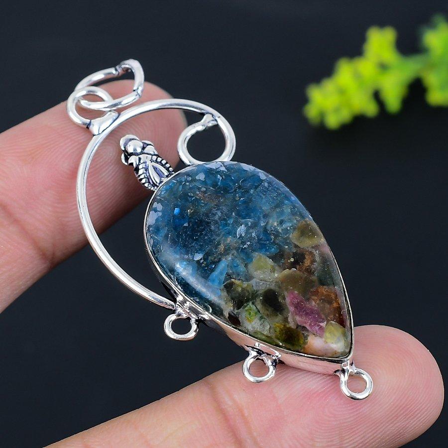 Anhänger aus 925er Sterlingsilber mit natürlichem Wassermelonen-Turmalin-Edelstein, 7,8 cm, F6L26