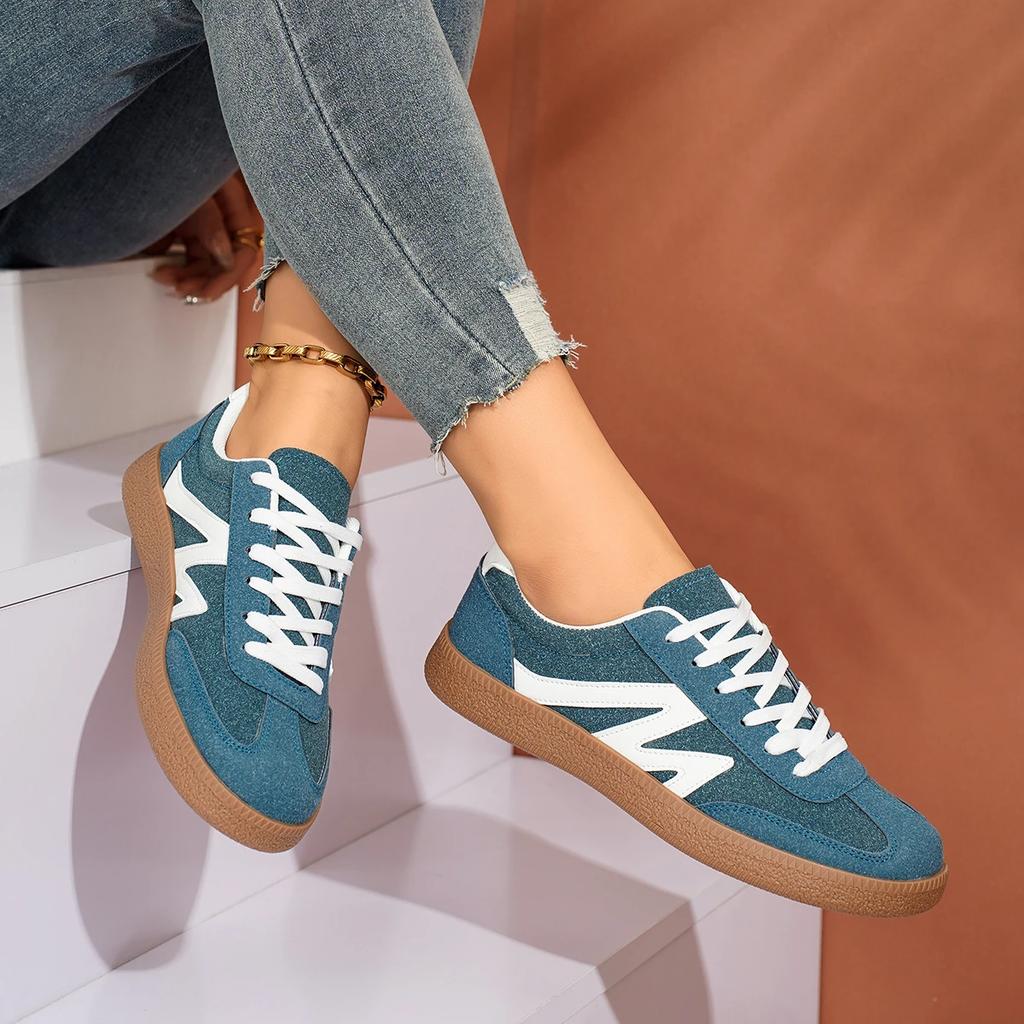 Fashion Women Sneakers New Fashion Round Toe Casual Lace Up Shoes for Women Patchwork Retro Outdoor Flat Sneakers Women Zapatos De Mujer