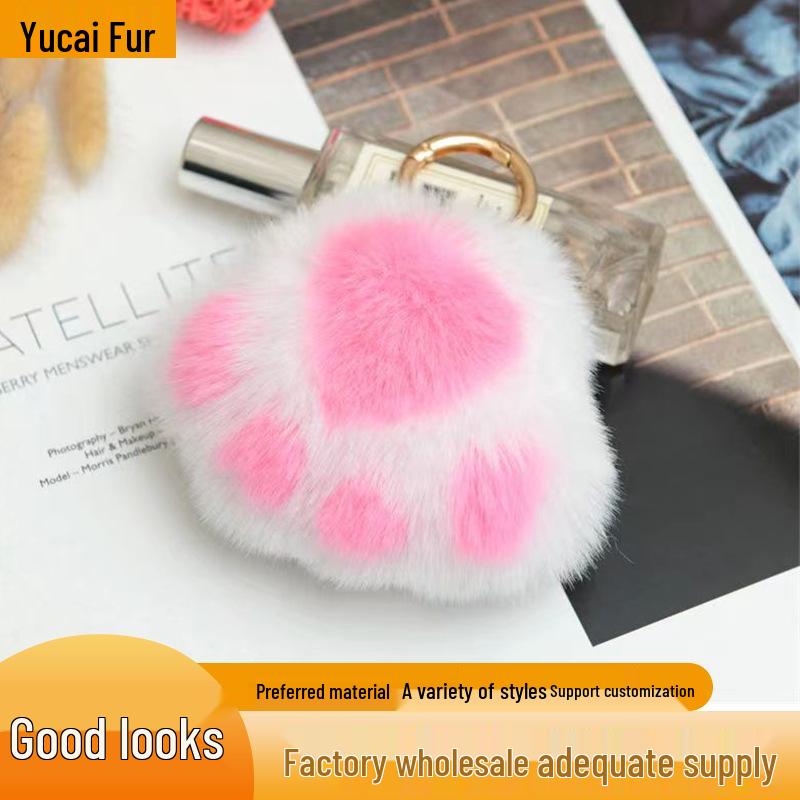 Cartoon Rabbit Fur Cat Paw Keychain Plush Ball Backpack Ornament