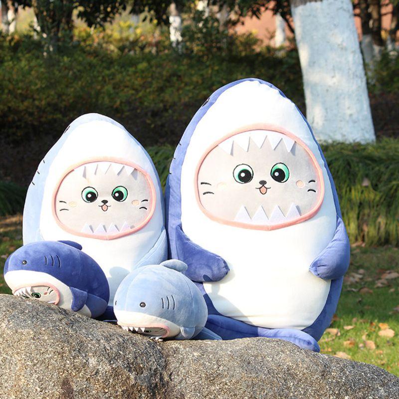 Cute Shark Plush Pillow With Cat Face Stuffed Animal Blue/grey 30/60cm Super Soft Short Plush