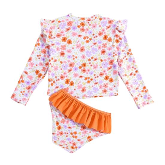 Jenter Solbeskyttende Badedraktsett Todelt Rash Guard Langermet Badebukse Tankini med Bikinibunn Blomstertrykk Barn Strandklær