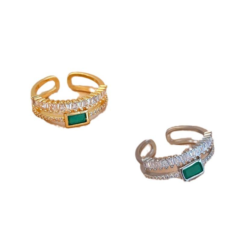 Peacock Green Double Layer Diamond Open Ring for Women in Gold-Plated Copper