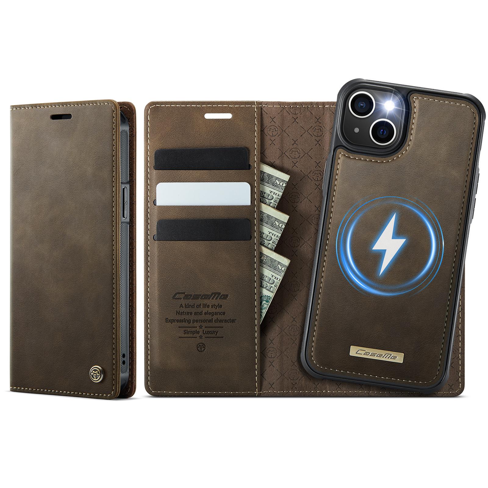

For iPhone 14 Case CASEME C49 Compatible with MagSafe RFID Blocking Detachable Wallet Leather Phone Cover Coffee