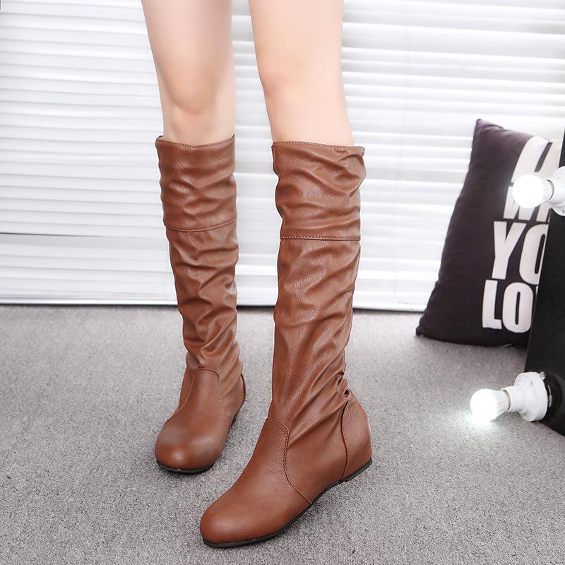Plus Size 2020 Women's Long Leather Boots - Solid Color, Pleated, High-top, European Style