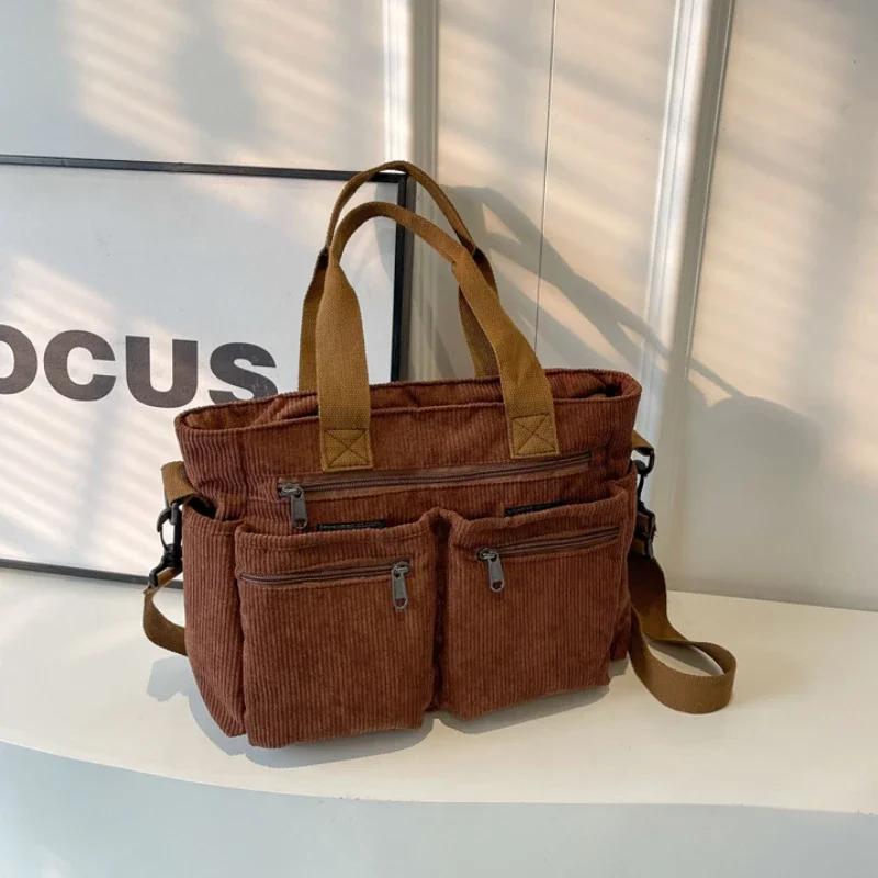 Female Large Capacity Corduroy Tote Bag New Korean Style Fashion Women Shoulder Crossbody Bag Worker Commuter Tote Handlebag