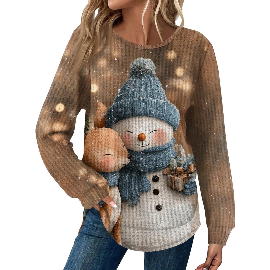 Dámská móda Ležérní Volný Top s kulatým výstřihem a dlouhým rukávem s vánočním potiskem