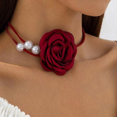 Accessories, Elegant Fabric Flower Pearl Necklace, Versatile Short Necklace Necklace Women