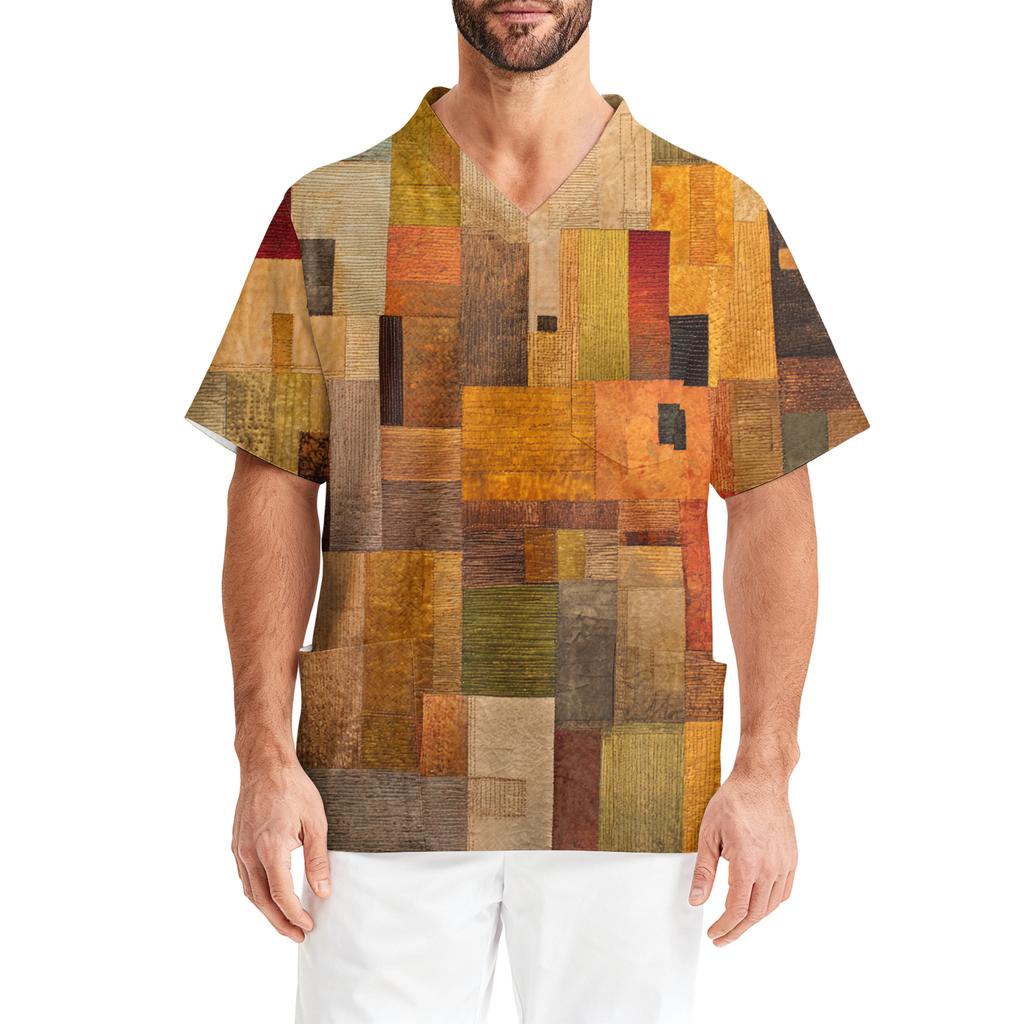 Men's Printing Short Sleeve V-neck Working Blouse Chest Pocket Carer Top