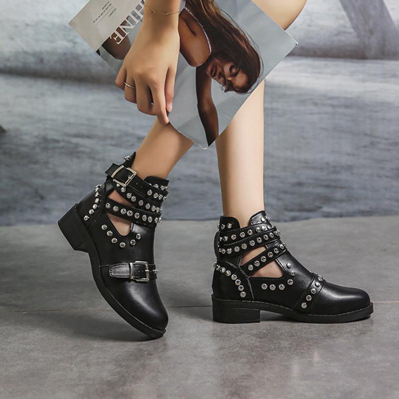 Fashion Punk Rivet Decoration Hollow Out Ankle Boots Women 2025 Autumn Y2K Metal Belt Buckle Medium Heel Boots Sexy Solid Black Booties