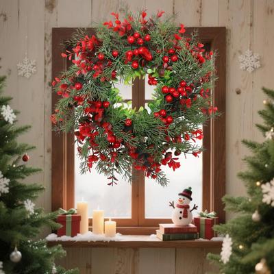 American Christmas Decoration Large Eucalyptus Wreath Simulation Red Fruit Christmas Wreath Door Hanging Window Props