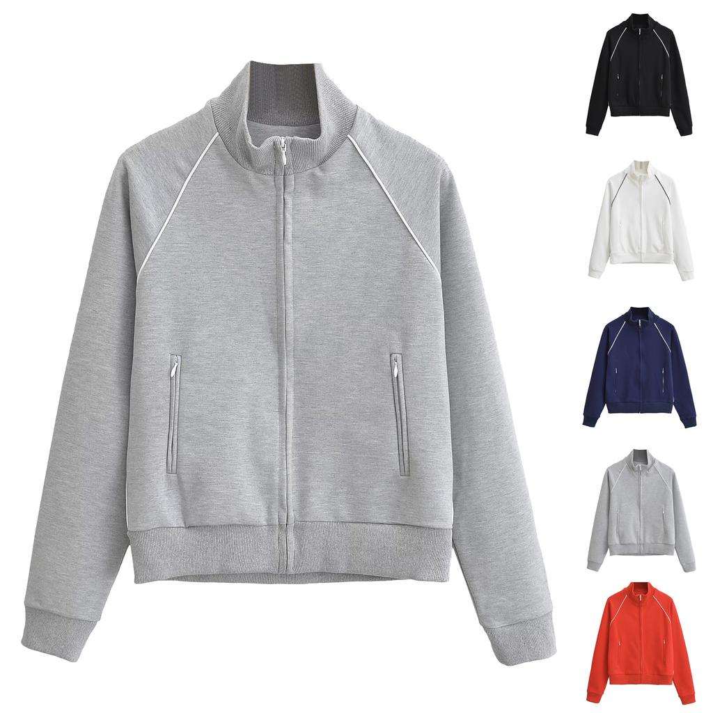 Women's Stand Up Collar Zipper Sports Casual Short Jacket Long Sleeved Cardigan Jacket