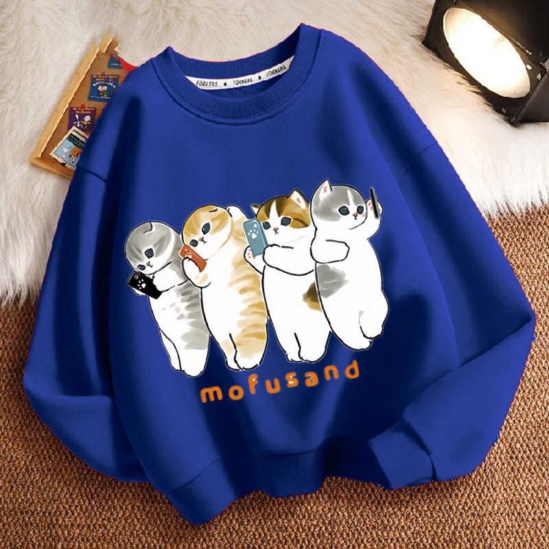 Cute Cat Round-neck Hoodie for Children, Fashionable Long-sleeved Casual Top for Boys and Girls In Spring and Autumn