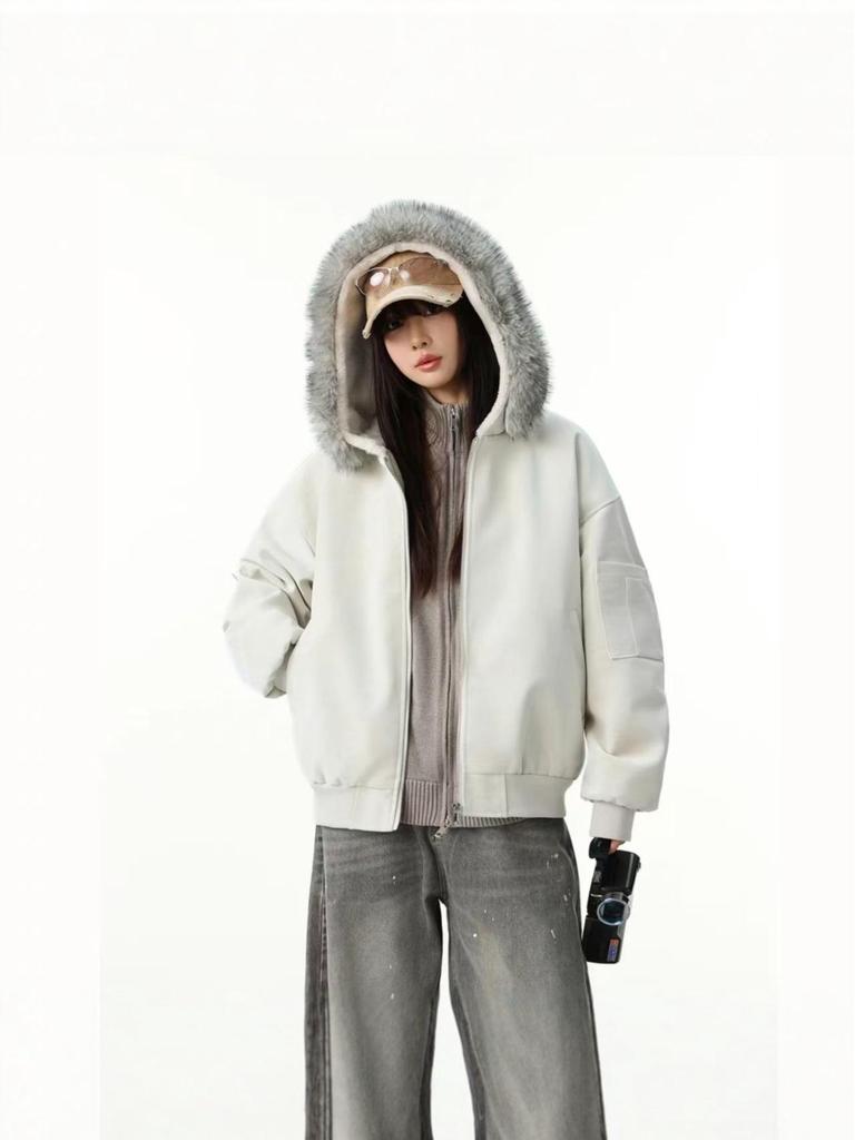 Unisex Double-Sided Wear Snow Eagle Fur Collar Hooded Jacket - Warm Cotton Autumn/Winter Plus Velvet Couples Design