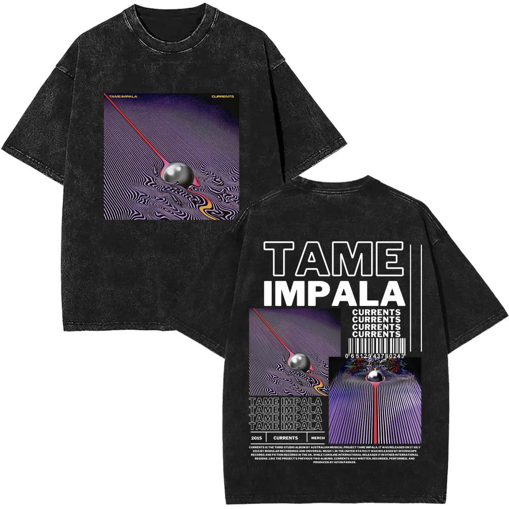 VintageWashed  Pop Rock Band Tame Impala Currents Graphic Print T Shirts Men Women Casual Cotton Oversized Short Sleeve Tshirt