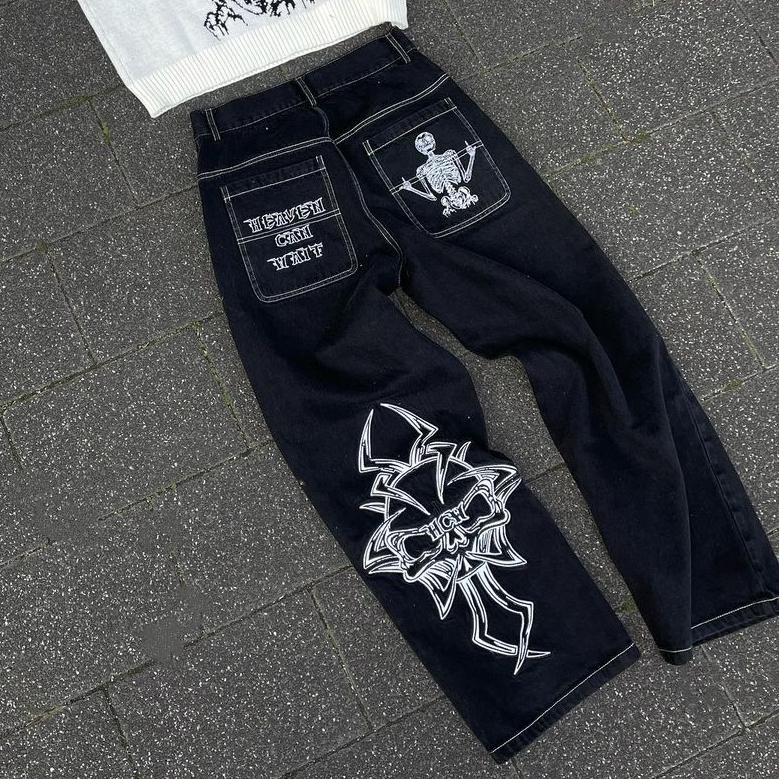 Y2K Jeans Uomo Hip Hop Retro Ricamo Teschio Lavato Pantaloni Larghi in Denim Nuovo Dritto Casual Allentato Gamba Larga Pantaloni Streetwear
