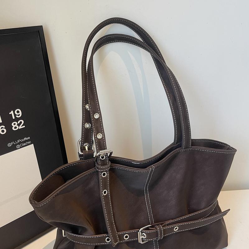 Womens Casual PU Leather Tote Bag Belt Buckle Detail Stitch Accent Large Capacity Minimalist Daily Bag for Commute Travel Everyday Use Durable