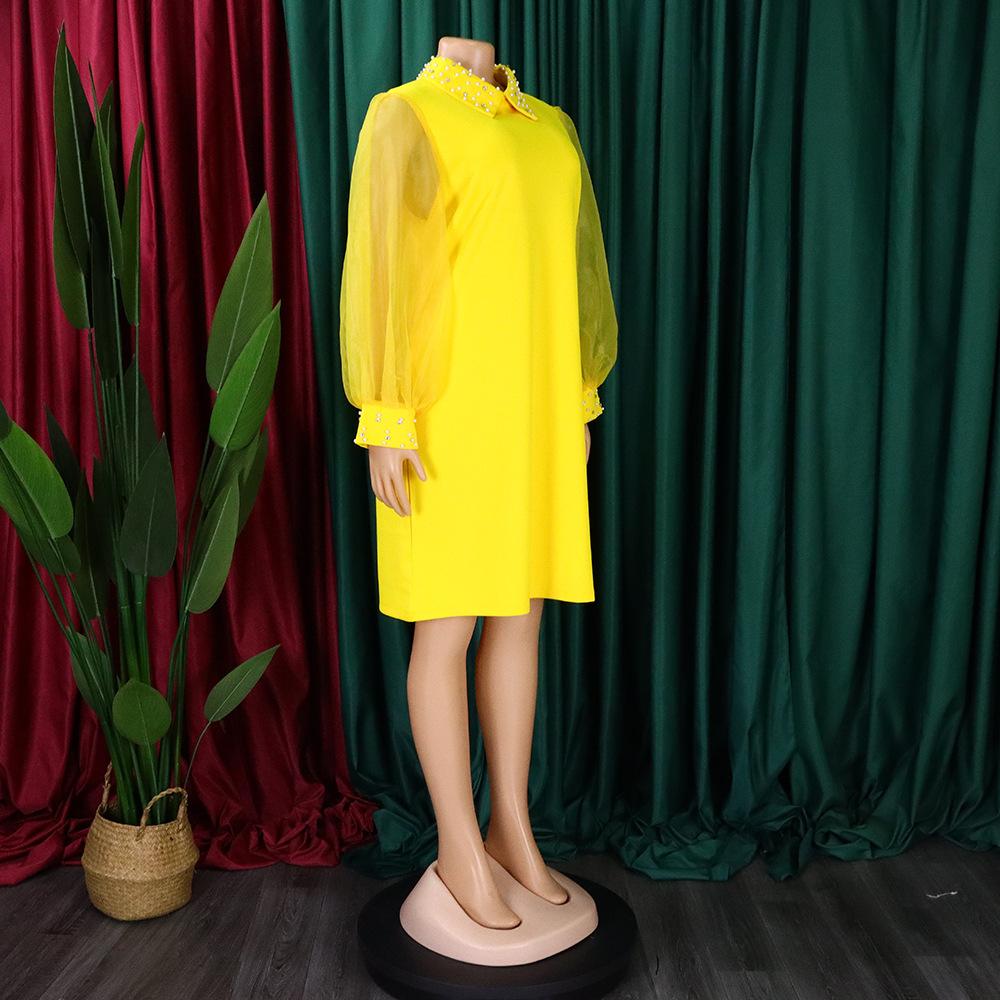 YYFS Damenmode Frühling Herbst Einfarbig Druck Langarm POLO Hals Lose Taille Casual Kleider