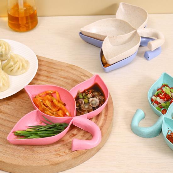 2Pcs Dipping Dish 3 Compartments Leaf Shape Food Grade Salad Dressing Anise Chili Powder Seasoning Sauce