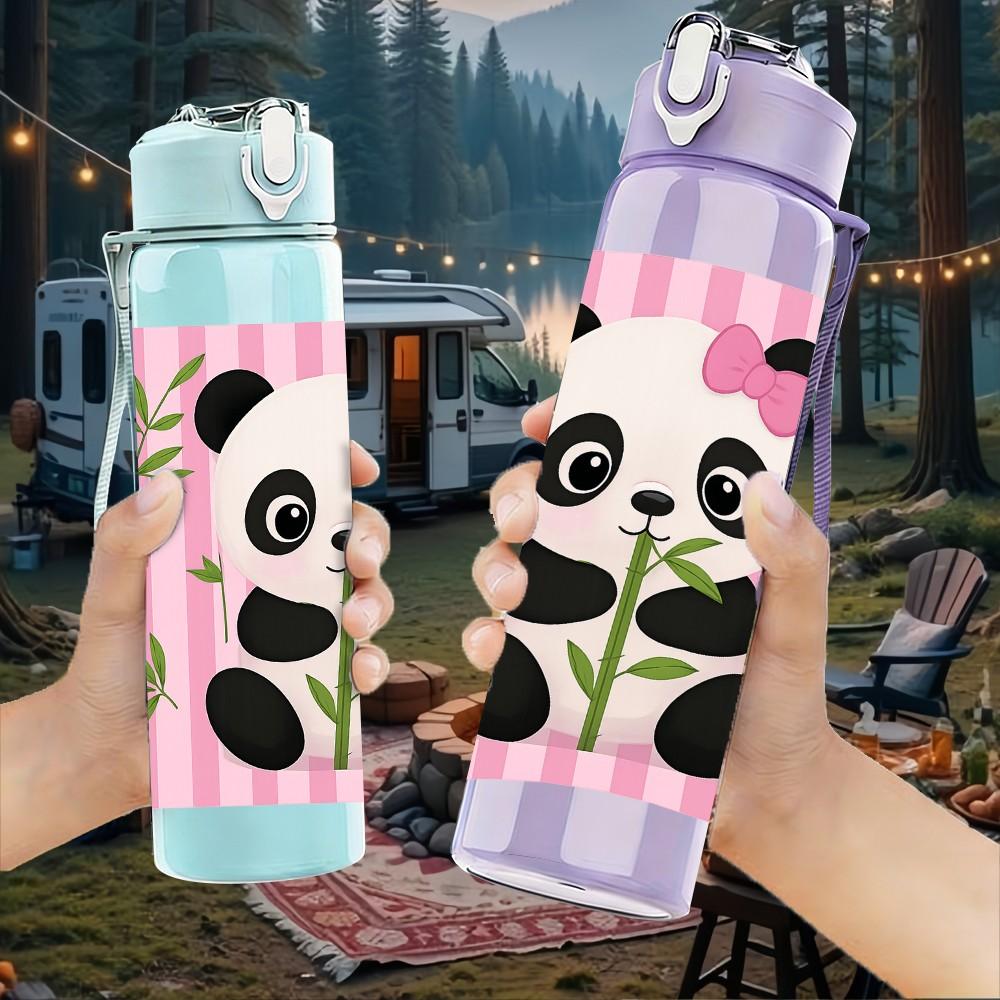 1PC Panda Bear Bamboo Animal Print 750ml Color Plastic Sports Water Bottle Leakproof Flip Straw Lid Suitable for Sports Office Home Use