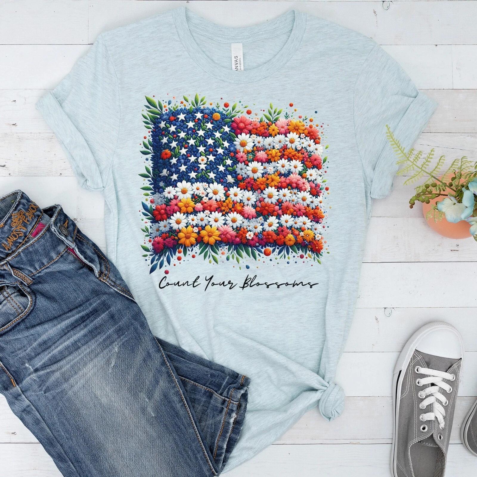 Count Your Blossoms Patriotic T-Shirt, Floral American Flag Shirt 4XL